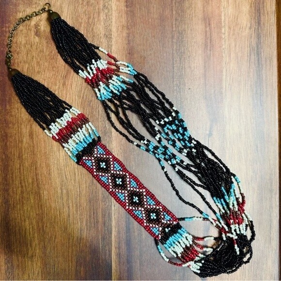Southwestern Geometric‎ Pattern Seed Beaded Multi Strand Necklace - Picture 4 of 8